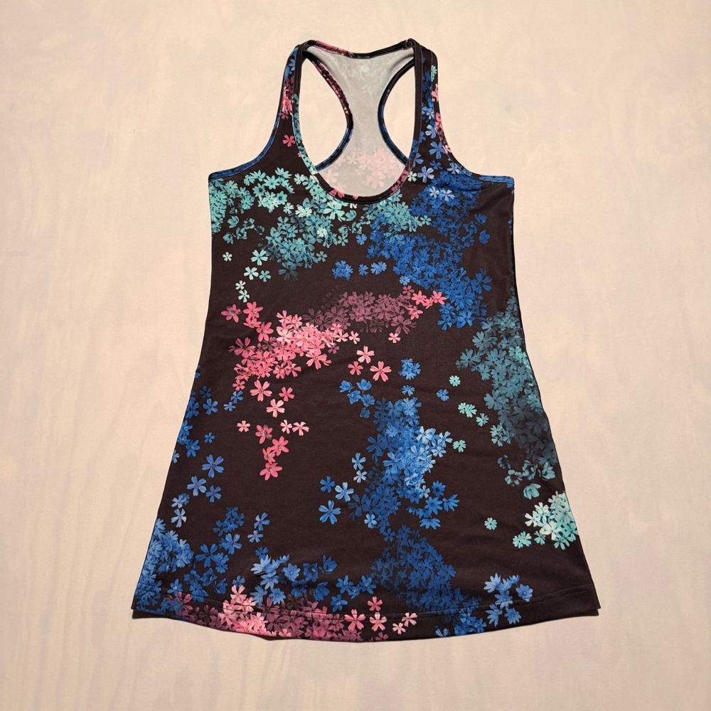Lululemon Cool Racerback Tank Women 4 Black Blue Pink Floral Athletic Top Gym